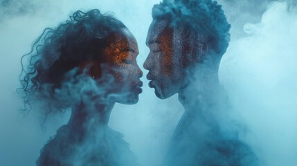 A man and a woman kissing in a cloud of smoke