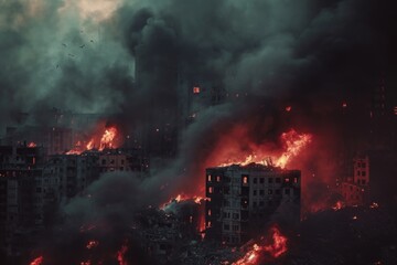 A large fire is engulfing a city, causing chaos and destruction. This image can be used to depict urban disasters or as a visual representation of emergency situations