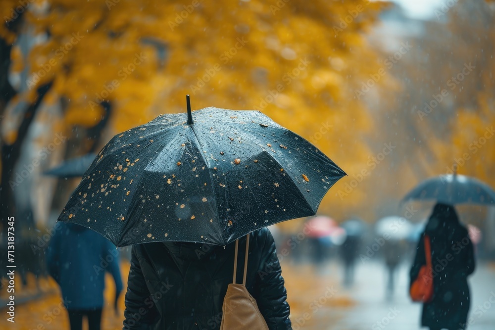 Poster a person is walking in the rain with an umbrella. this image can be used to depict a rainy day or to