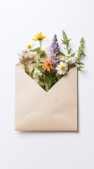 An open envelope with a bunch of flowers in it