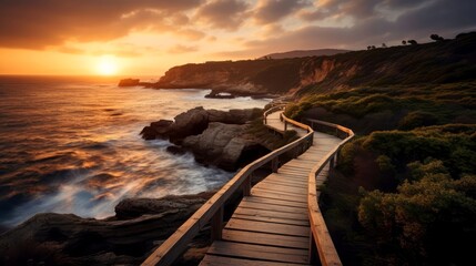 Empty wooden walkway on the ocean coast in the sunset time, pathway to beach