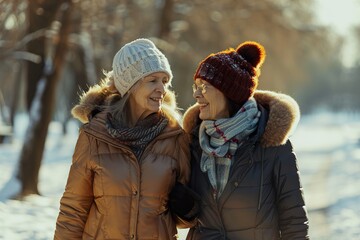 Fototapeta premium young woman and grandmother walking at the park in the winter