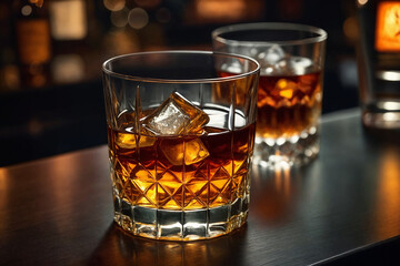 a glass of whiskey on the bar in front of the bar. Generative Ai