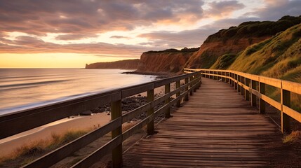 Empty wooden walkway on the ocean coast in the sunset time, pathway to beach