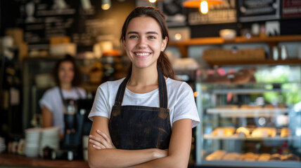 Portrait of smiling young female barista with crossed arms in apron near coffee shop counter. Business concept, consumerism.
