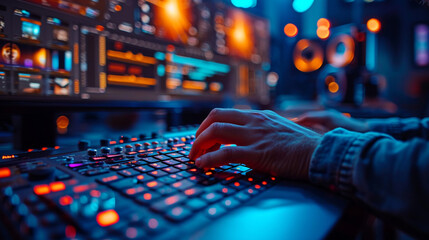 dj mixer in a studio, hands on the keyboard, close up man's hands, sits at the desk, types on the keyboard, dark colors, black, company office, work from home, freelance, background blurred
