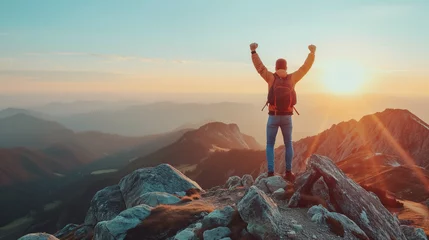 Gordijnen Strong and confident man standing on to a mountain. Fit active lifestyle concept. Positive man celebrating on mountain top, with arms raised up, Goal, successful, achievement  © Sweetrose official 