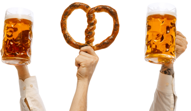 Hands holding hot delicious sausage on fork, pretzel and two mugs of cold lager light mugs of beer against transparent background. Concept of Oktoberfest, traditions, Bavarian culture, alcohol drinks.