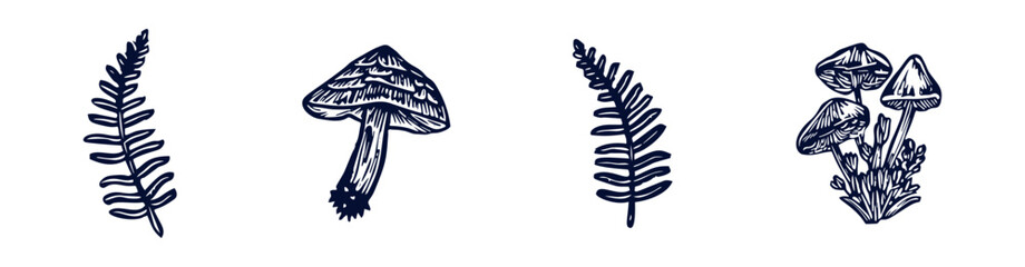 Handmade blockprint mushroom fern vector motif clipart set in folkart scandi style. Simple monochrome linocut fungi shapes with naive rural lineart collection - obrazy, fototapety, plakaty