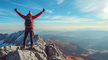 Strong and confident man standing on to a mountain. Fit active lifestyle concept. Positive man celebrating on mountain top, with arms raised up, Goal, successful, achievement 