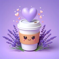 Paper cup of coffee fly with violet heart, with lavender, 3d illustration, render, in cute style, in cartoon style, high quality, on violet background. Advertising: brewed coffee for Valentine’s Day.
