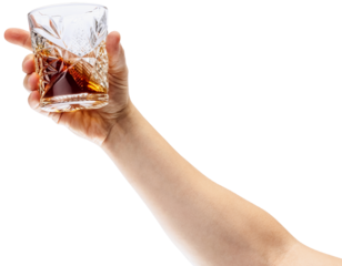 Cheers. One hand holds glass of whiskey or bourbon against transparent background. Concept of alcohol drinks parties, Friday mood, restaurant, bar and pubs, celebration. Ad
