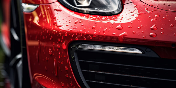 Red car with water drops .