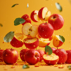 Fresh sliced apples falling in studio