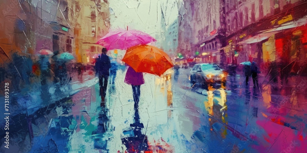 Poster a painting depicting people walking in the rain with umbrellas. suitable for various applications