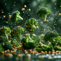 Fresh broccoli falling in studio