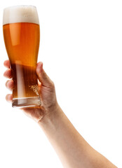 Man's hand holding glass of foamy cold and refreshing glass of beer up high against transparent...
