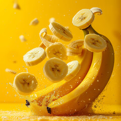 Sliced bananas falling in studio lighting