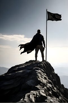 Person on top of a mountain holding a flag which depict the victory and courage