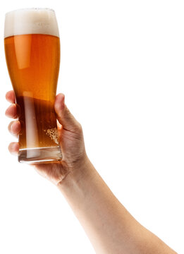 Man's hand holding glass of foamy cold and refreshing glass of beer up high against transparent background. Concept of Oktoberfest, traditions, Bavarian culture, alcohol drinks. Ad