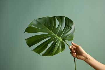 Hand with green leaf on the green background
