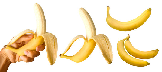 Hand holding banana fruit on white background. Flat lay, top view.