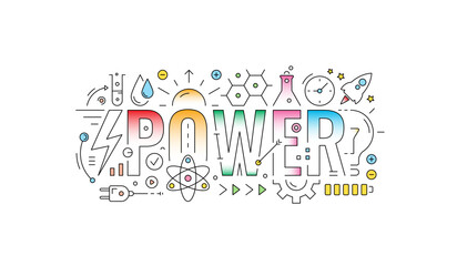 colored power word and power symbols. technical drawing power concept. outline power word