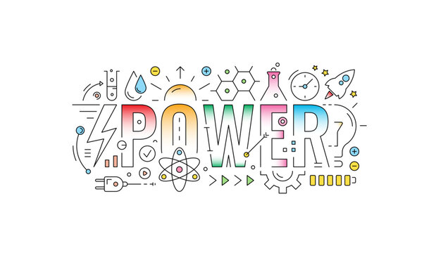 colored power word and power symbols. technical drawing power concept. outline power word