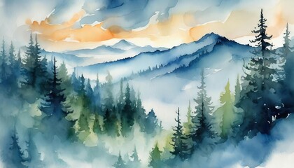 The watercolor of the landscape with trees and mountains.