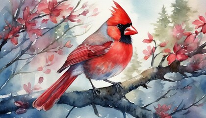 The red cardinal on a branch.