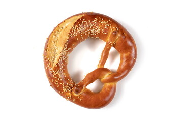 Bavarian Pretzel with Sesame on White Background