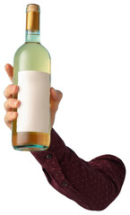Delicious wine degustation. Cropped image of male hand holding bottle of dry white wine against transparent background. Concept of alcohol, drink, party, degustation, holiday.