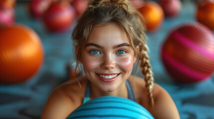 Fototapeta na wymiar Portrait of a happy woman in the fitness room with a fitness ball or medicine ball. Cute woman working out with a fitness ball in the gym. Concept of sport, health.