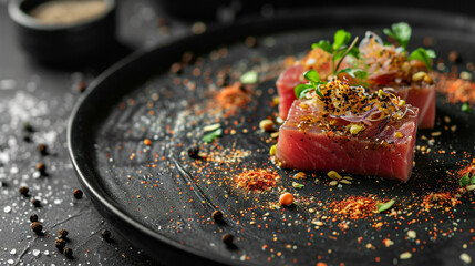 Creative Michelin-starred dish, bluefin tuna with spices, black ceramic tableware, rustic, Japanese style.  - obrazy, fototapety, plakaty