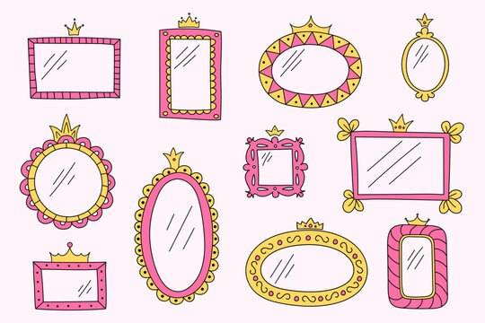A set of hand-drawn minimalist mirror doodles. Girly vector frames for little princesses of different shapes. Pink and yellow colors, crowns, decorative border.