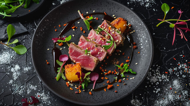 Creative Michelin-starred dish, bluefin tuna with spices, black ceramic tableware, rustic, Japanese style. 