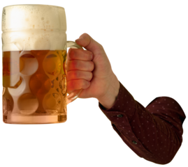 Man's hand holding glass of foamy cold and refreshing mug of beer up high against transparent background. Concept of Oktoberfest, traditions, Bavarian culture, alcohol drinks. Ad