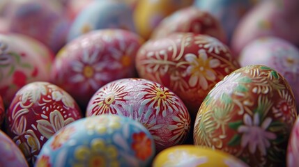 Fototapeta premium A pile of colorful painted eggs sitting on top of each other. This vibrant image captures the joy and beauty of Easter celebrations. Perfect for festive promotions and holiday-themed designs