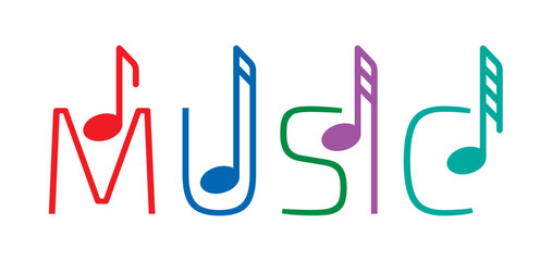 colored music logo. music word and music notes concept
