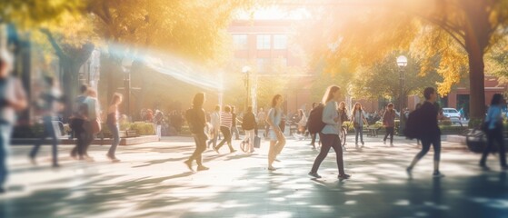 Crowd of students walking through a college campus on a sunny day - obrazy, fototapety, plakaty