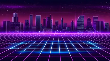 Abstract background with neon grids in vintage style.a retro-futuristic cyberpunk city
