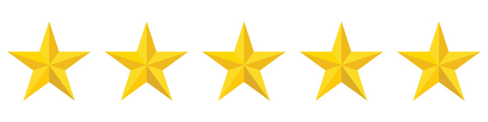 Five gold Stars.Five stars rating icon. Five stars customer product rating review icon for apps and websites, mobile applications. Premium quality concept. Golden stars. 3d Vector - obrazy, fototapety, plakaty