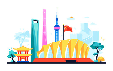 Shanghai public buildings - modern colored vector illustration with Oriental Sports Center, Pearl TV and Jin Mao Tower and world financial heart. Panorama of the street with iconic places idea