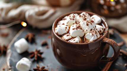 Hot cocoa or chocolate with marshmallows on a wooden stand surrounded by spices and marshmallows. The concept of drinks and comfort.
