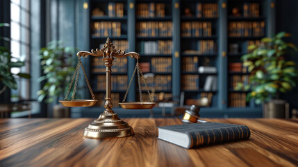Law office, mallet of the judge, book, scales of justice, library, wooden table