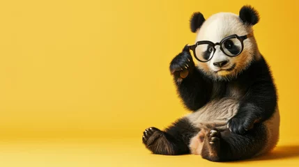 Foto op Canvas A panda with glasses on a coloured background sits and points his finger upwards © Alina Zavhorodnii