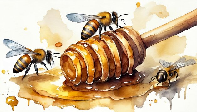 The watercolor of the honey with bee and honeycomb.