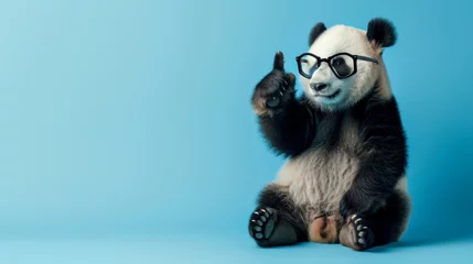  A panda with glasses on a coloured background sits and points his finger upwards © Alina Zavhorodnii