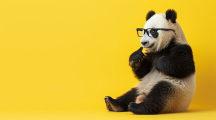 A panda with glasses on a coloured background sits and points his finger upwards