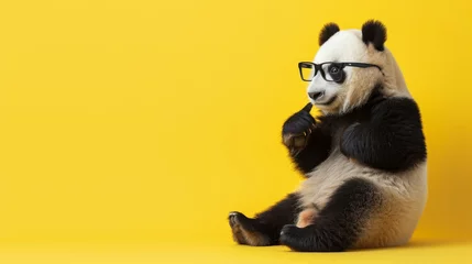 Fotobehang A panda with glasses on a coloured background sits and points his finger upwards © Alina Zavhorodnii